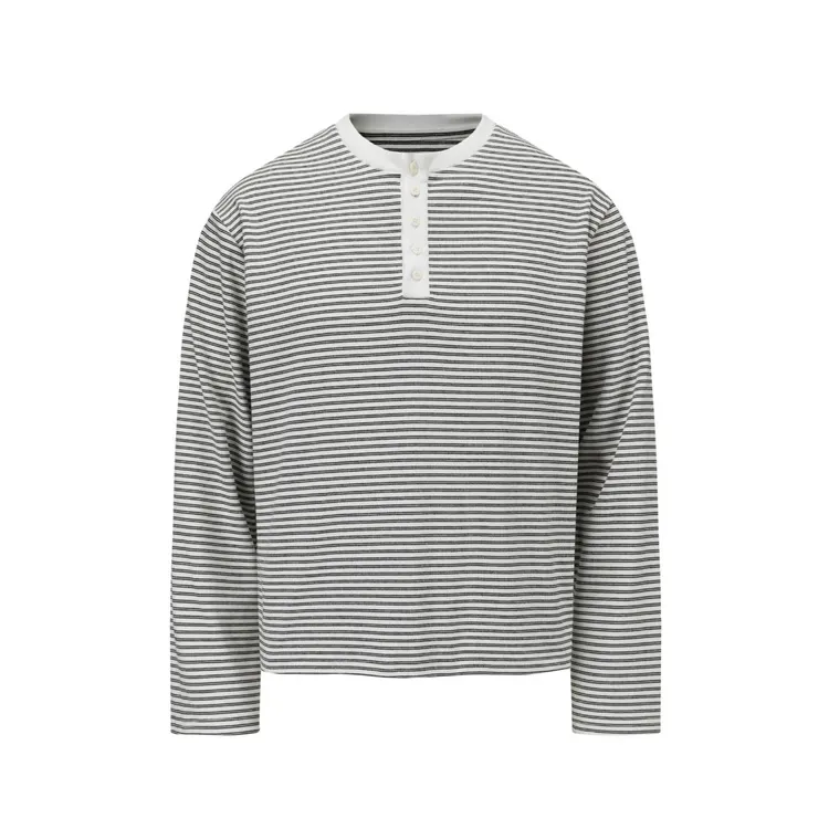 秋冬季条纹亨利领长袖T恤慵懒风男女情侣ins休闲百搭polo衫上衣