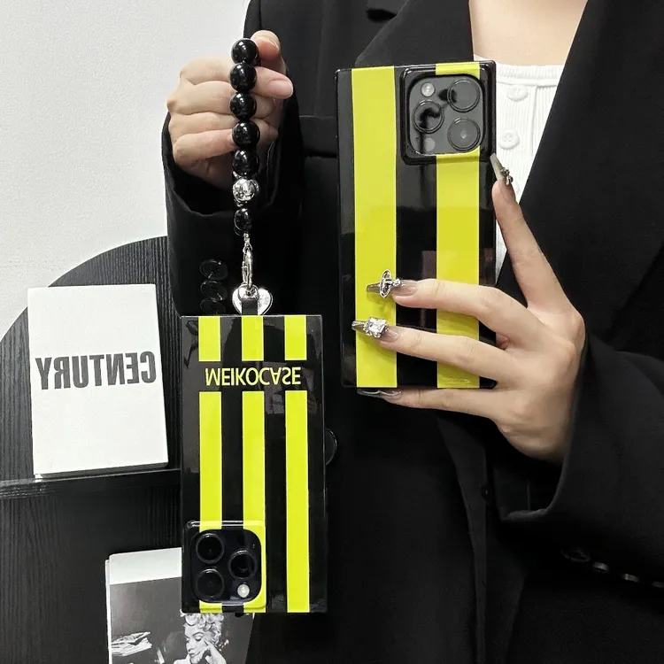 MEIKOCASE黄黑条纹方形手机壳挂绳适用苹果17promax大孔16/15高级