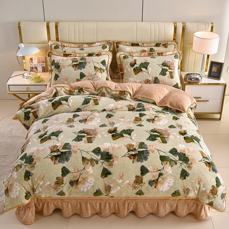 【莫奈】升级款秋冬床裙加绒加厚双面绒印花牛奶绒四件套枕套随机裁