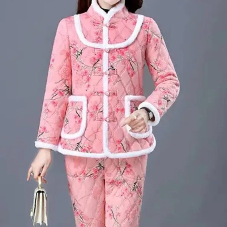 俞兆林东北碎花小棉袄女冬装新款中年妈妈装加绒加厚棉衣棉裤女