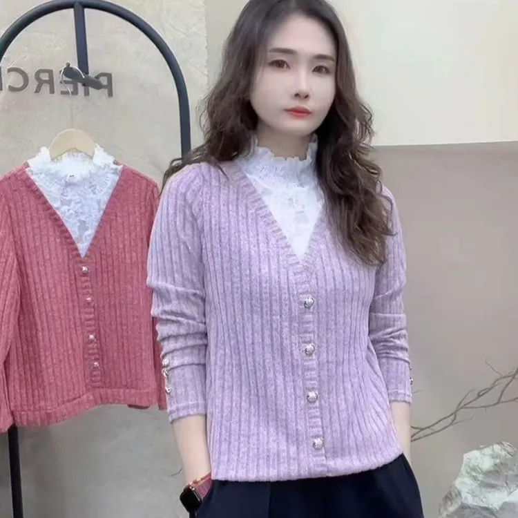 YY春季爆款时尚新款蕾丝拼接小衫百搭女士气质长袖显瘦修身