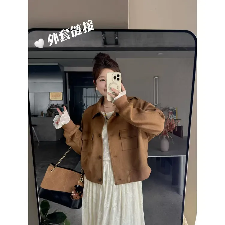 晶咕佳佳【秋日巴塞尔】麂皮感翻领工整小外套气质短款时尚韩版