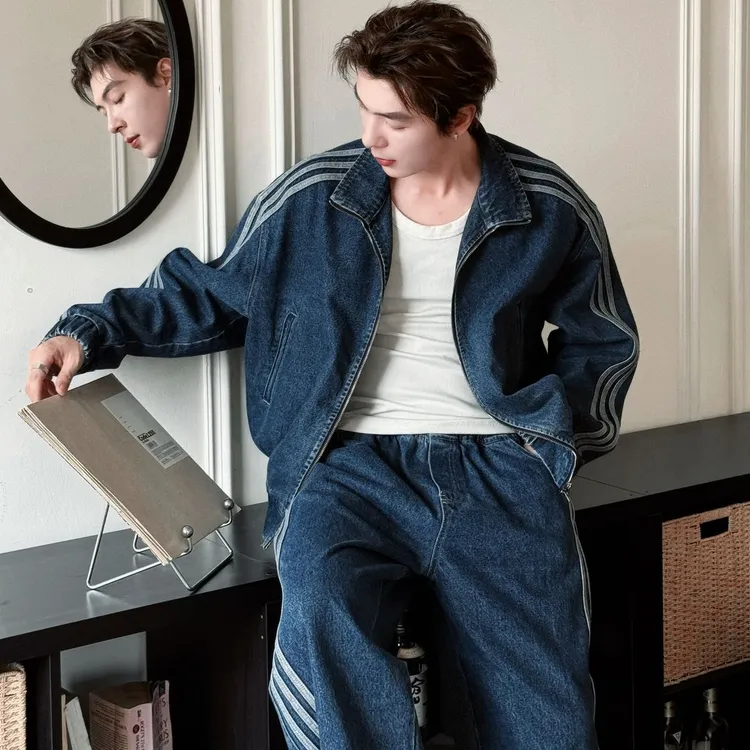 秋冬立领加厚宽松三条杠牛仔夹克外套潮牌休闲直筒牛仔长裤两件套