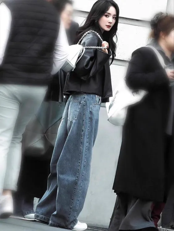 杨幂同款蓝色阔腿牛仔裤女2025秋季新款复古高腰显瘦宽松直筒裤子
