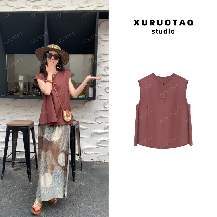 XURUOTAO 【盛情奥克兰】亚麻设计感显瘦连肩袖红棕色上衣 T5339