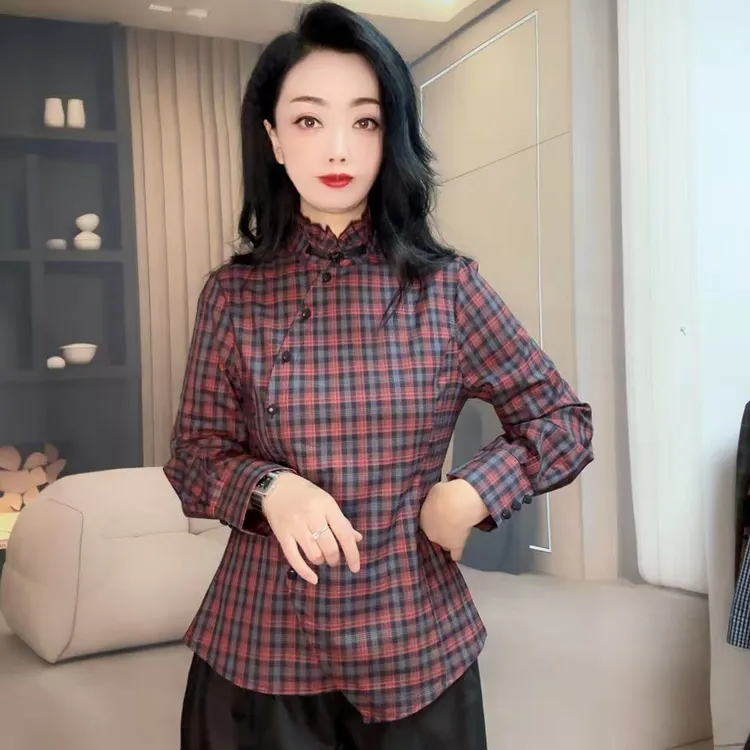 z1506新款洋气百搭舒适透气立领修身显瘦时尚不规则格子衬衫