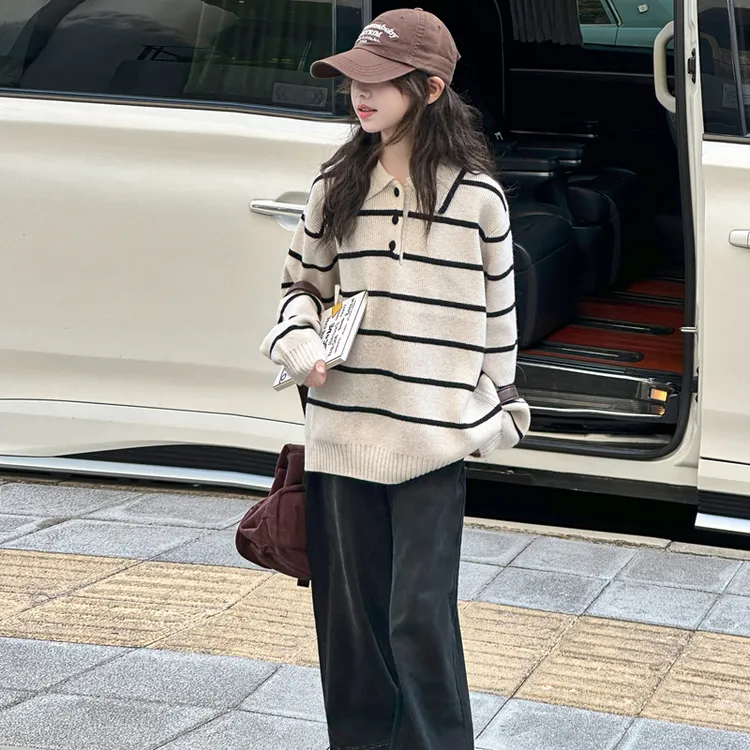 女童秋装条纹毛衣polo套装2025韩版温柔风柔软垂感毛衣百搭牛仔裤