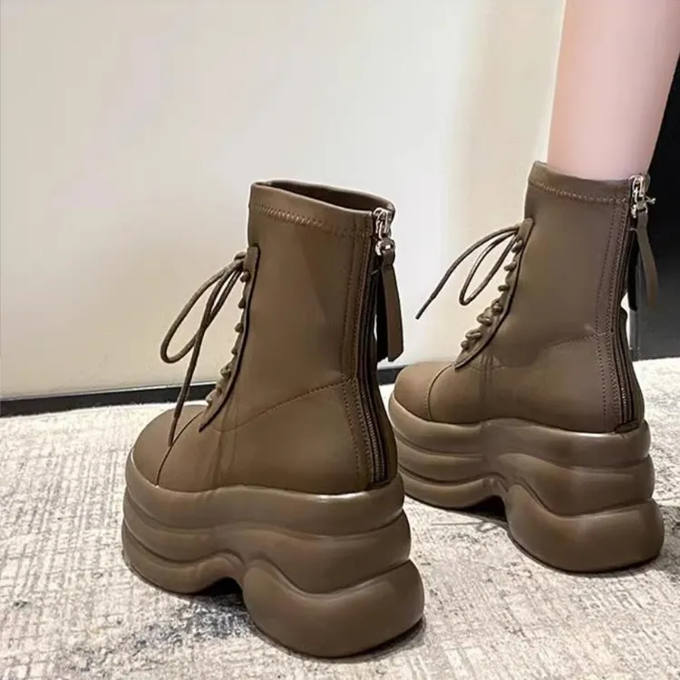 厚底加绒9cm短靴女2025年春季新款马丁靴小个子防滑软底增高显瘦