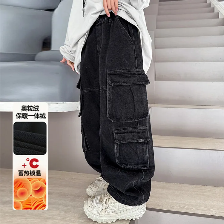 男童时髦阔腿大口袋宽松牛仔工装裤2025早秋新款嘻哈范潮酷痞帅炸