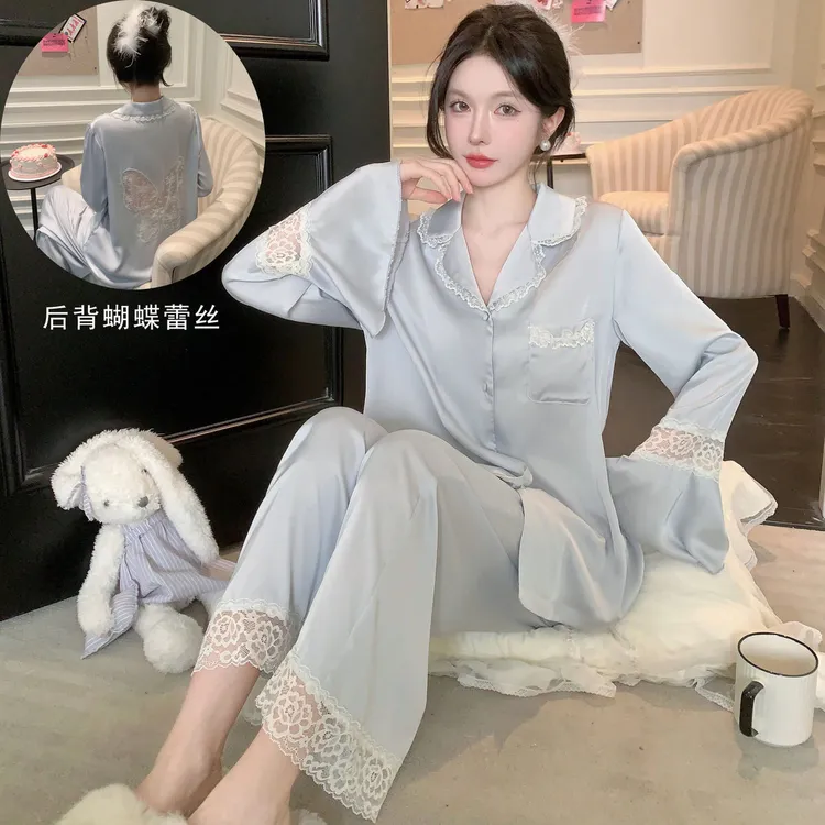 2025夏季新款凉爽镂空蝴蝶蕾丝刺绣四件套柔光丝缎甜美花边家居服