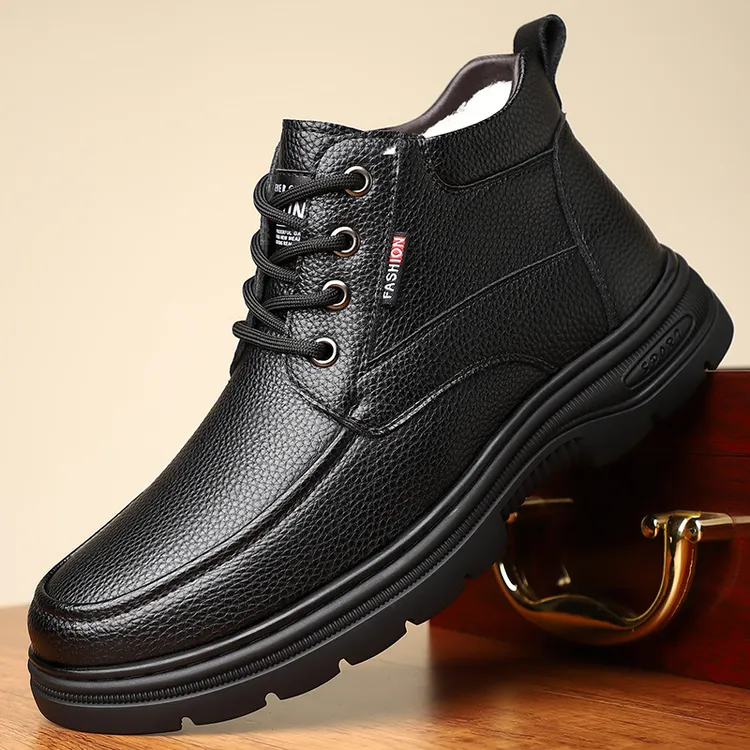 冬季加绒加厚男士棉皮鞋厚底防滑男休闲高帮保暖棉鞋