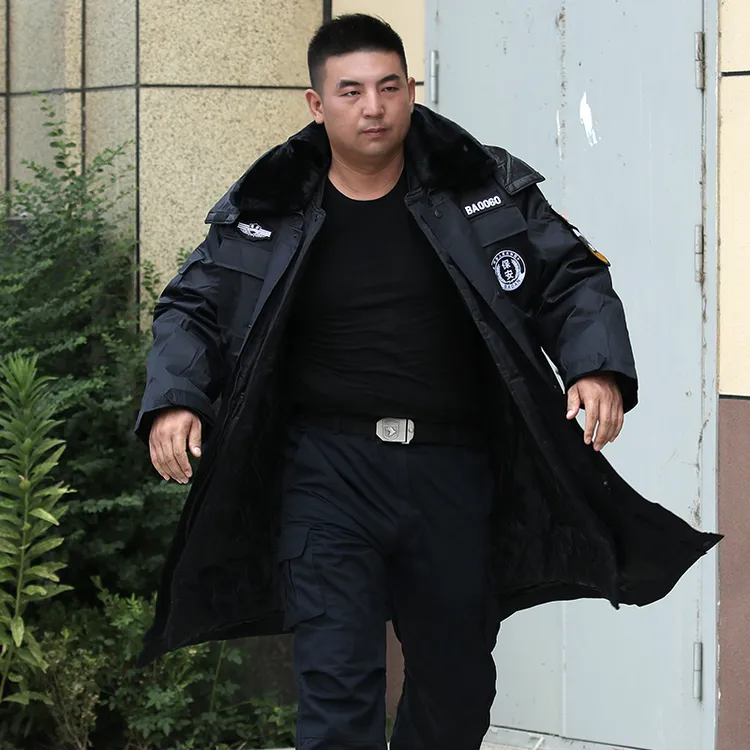 冬季安保棉大衣男黑色物业巡逻防寒服女中长款加厚棉袄冷库保暖