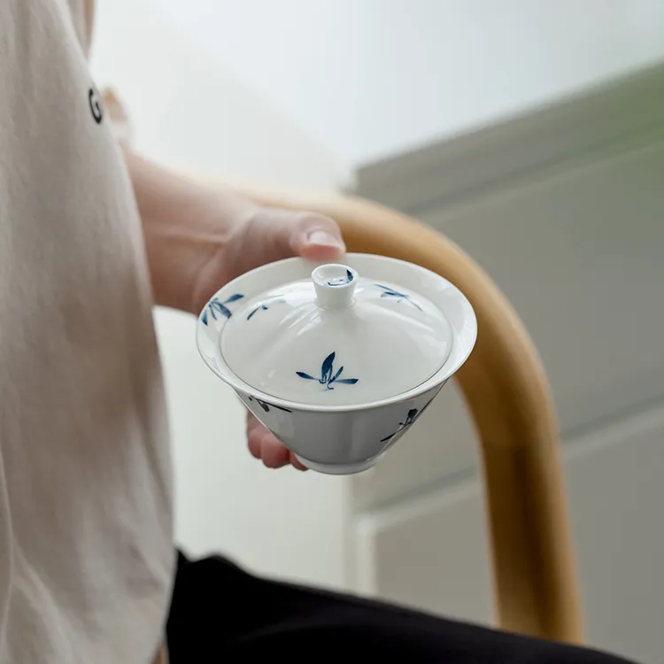 纯手绘蝴蝶兰花创意斗笠盖碗茶杯家用单个三才茶碗泡茶器功夫茶具