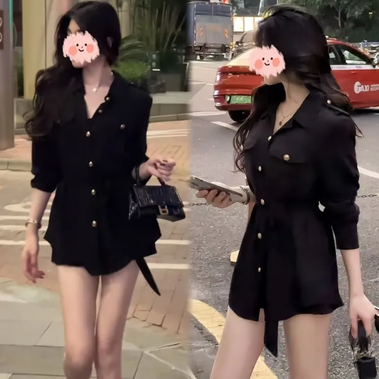【vivi】2025秋季新款洋气减龄老钱风设计感长袖衬衫显瘦套装黑色