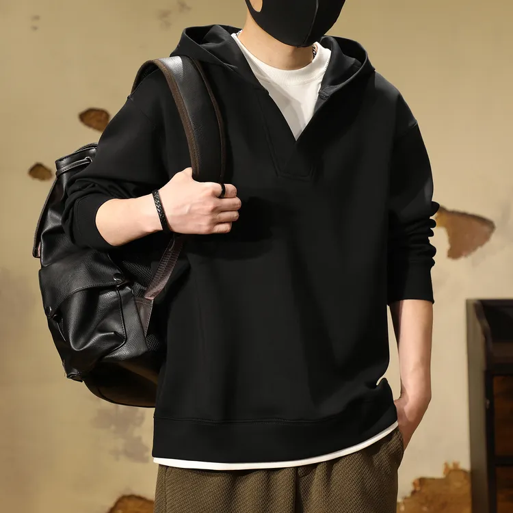 高级感假两件连帽卫衣男秋季重磅V领潮牌宽松休闲外套男士上衣服 