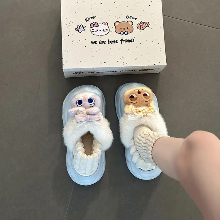一脚蹬毛茸茸卡通兔子包头毛毛休闲鞋女2025冬季新款外穿厚底棉鞋