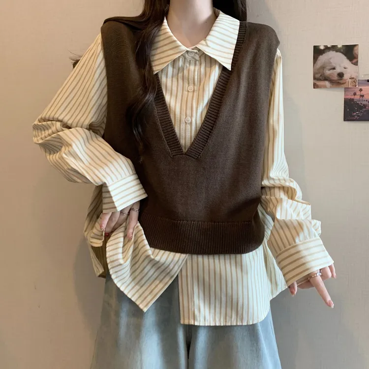 大码假两件马甲拼接条纹衬衫女春秋胖MM宽松显瘦百搭洋气长袖上衣