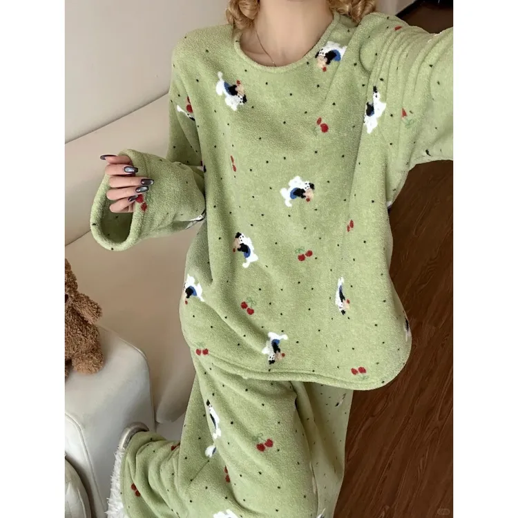 韩版甜美少女卡通法兰绒睡衣女秋冬新款加绒休闲宽松家居服套装