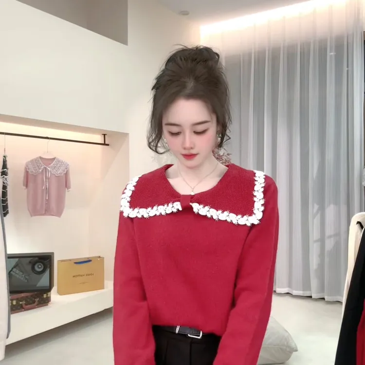 【小红帽】翻领拼色衫女宽松百搭针织减龄毛衣打底衫-不能机洗