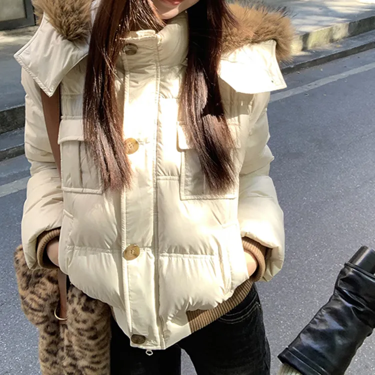 【七颗虾滑】美式复古卡其色毛领连帽羽绒服254H4637