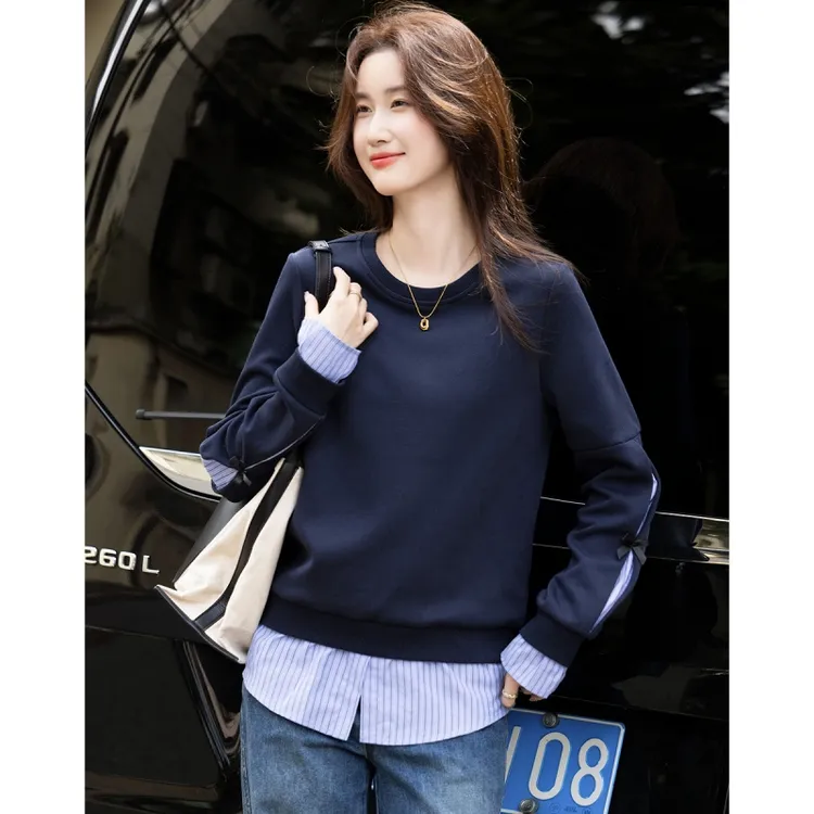 时尚休闲卫衣女春秋季2025新款长袖宽松显瘦上衣韩版设计感假两件