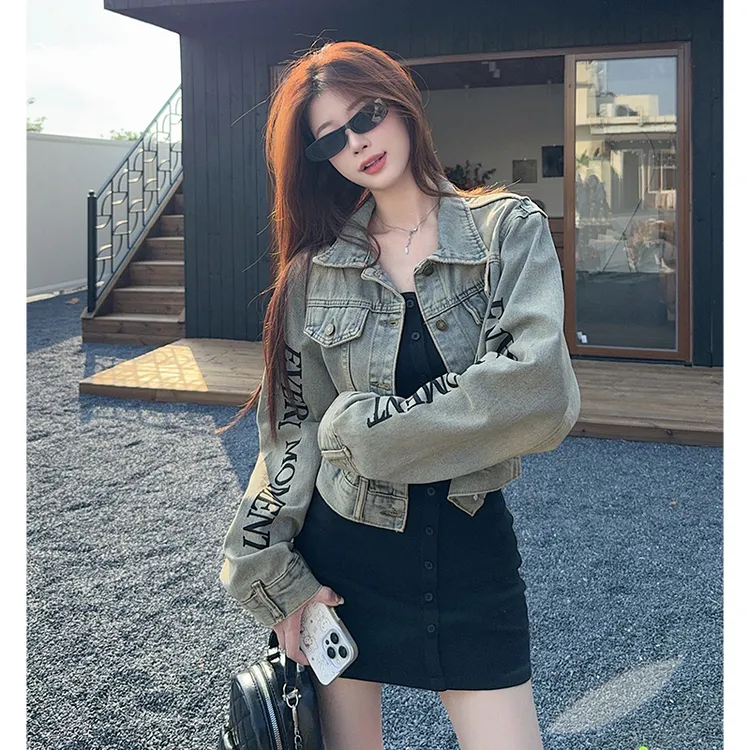美式复古印花翻领长袖牛仔外套女秋季设计感复古显瘦夹克长袖上衣