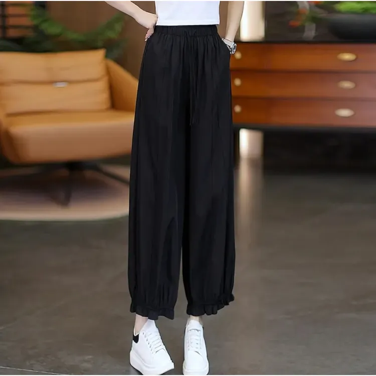 小个子冰丝裤黑色韩系木耳花边休闲裤大码休闲百搭九分薄款阔腿裤