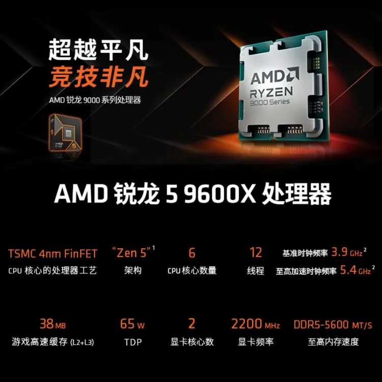 AMD锐龙5 9600X盒装CPU处理器(R5) 4nm 6核12线程9600X散片原封