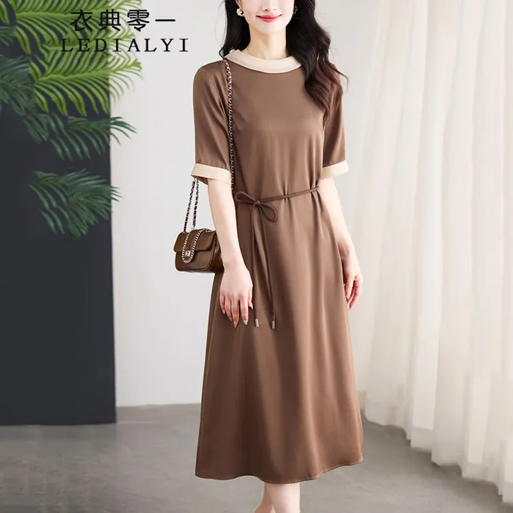 时尚纯色重磅真丝连衣裙女中长款2025夏装新款气质显瘦桑蚕丝裙子