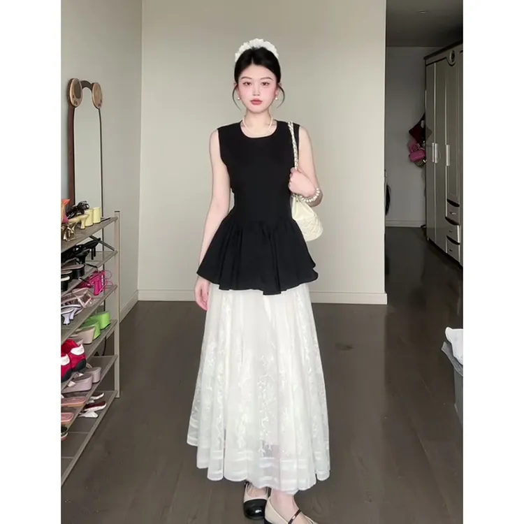 A1688#夏季新款韩系穿搭收腰圆领无袖上衣气质高腰显瘦蕾丝半身裙