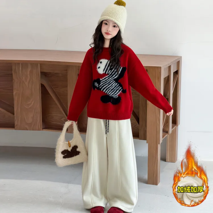 女童冬季新款年款马年毛衣百搭休闲加绒裤套装2025年款时尚穿搭