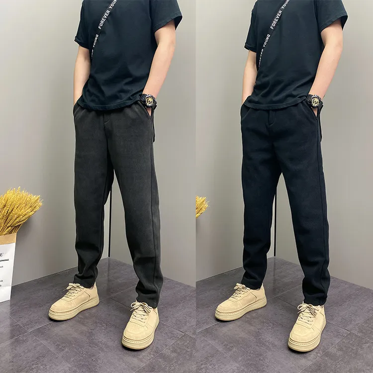裤子男秋冬厚款加绒修身休闲裤高级感窄版直筒小脚裤锥形哈伦裤潮