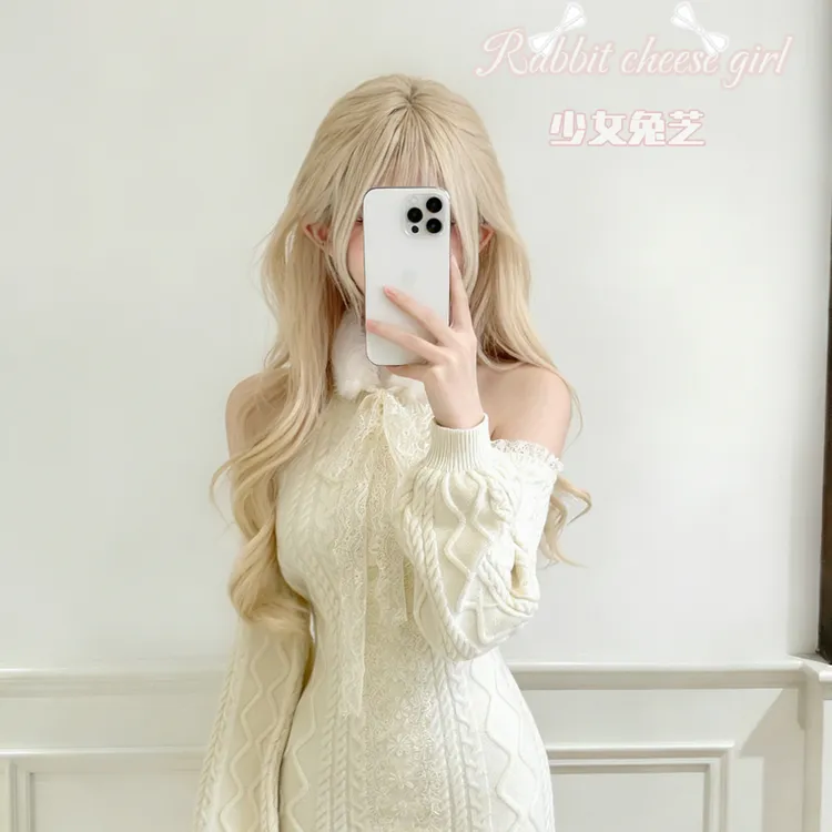 兔芝R“日杂宅”法式时尚气质蕾丝花边修身麻花纹针织毛衣