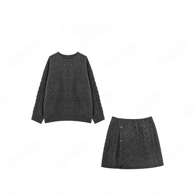 慵懒风穿搭冬季套装休闲显瘦宽松套头针织衫高腰半身裙子两件套潮