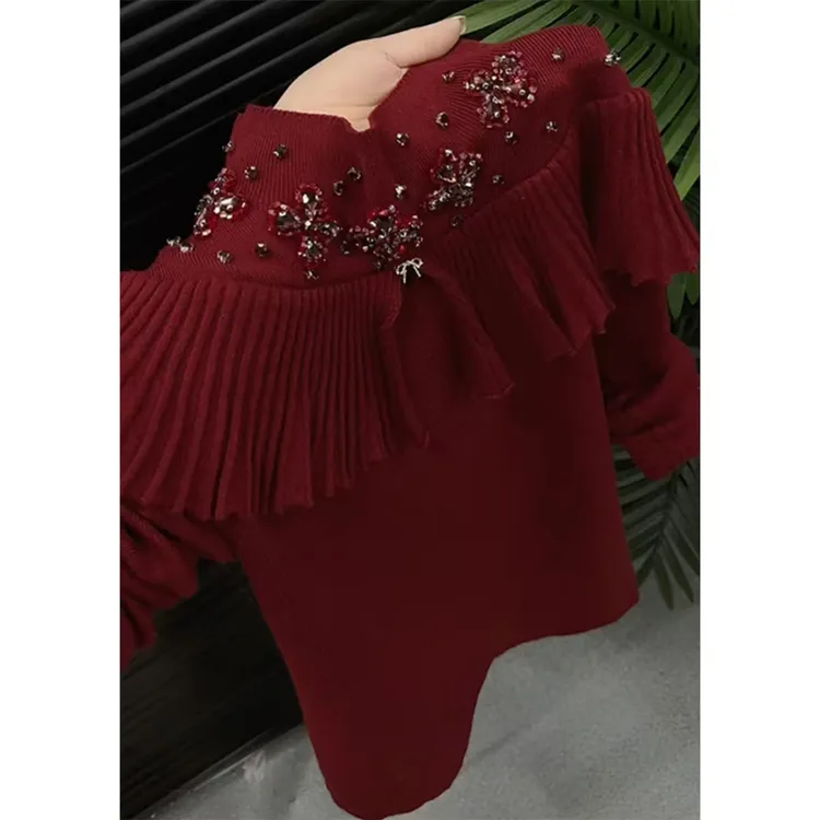 法式复古高级感荷叶边针织衫女秋冬新款大码胖MM气质百搭显瘦毛衣