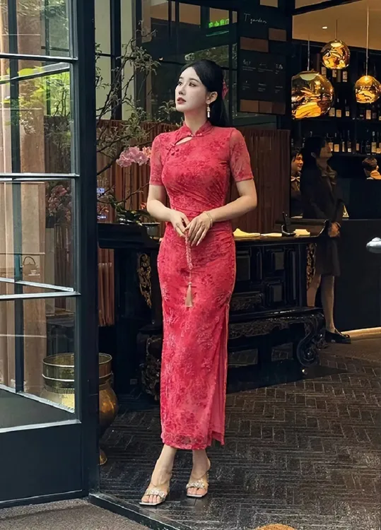 YUN《星语》法式红色日常复古修身显瘦设计师夏季新中式中国风旗袍