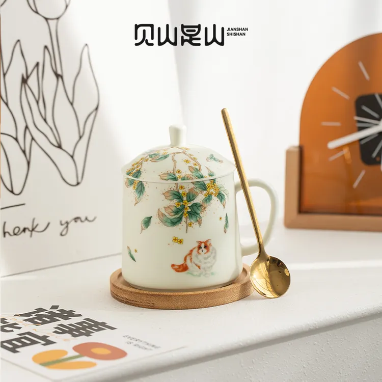 中古风可爱猫咪精致泡茶杯陶瓷杯女士个人杯办公室喝茶橘猫马克杯