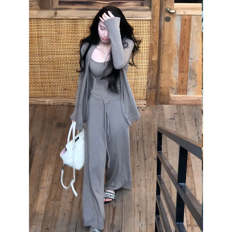 韩系穿搭纯欲针织吊带开衫长袖休闲裤睡衣女款秋季新款家居服套装