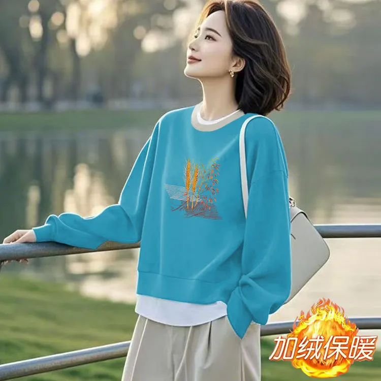 秋冬新款别致假两件华棉撞色女士小个子显瘦短款卫衣拼接圆领外套