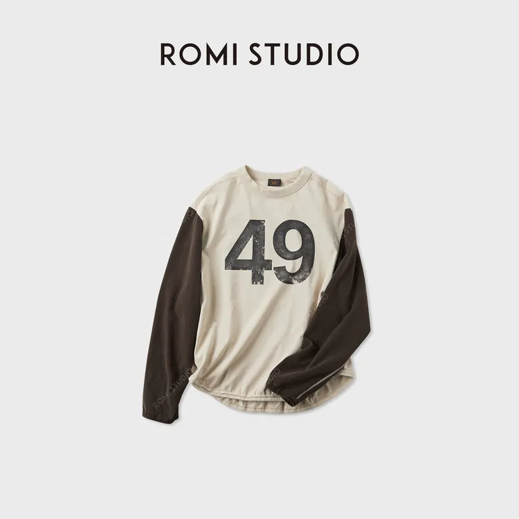 ROMI STUDIO“美式复古”全棉磨毛做旧撞色字母印花卫衣 RWCASY5974