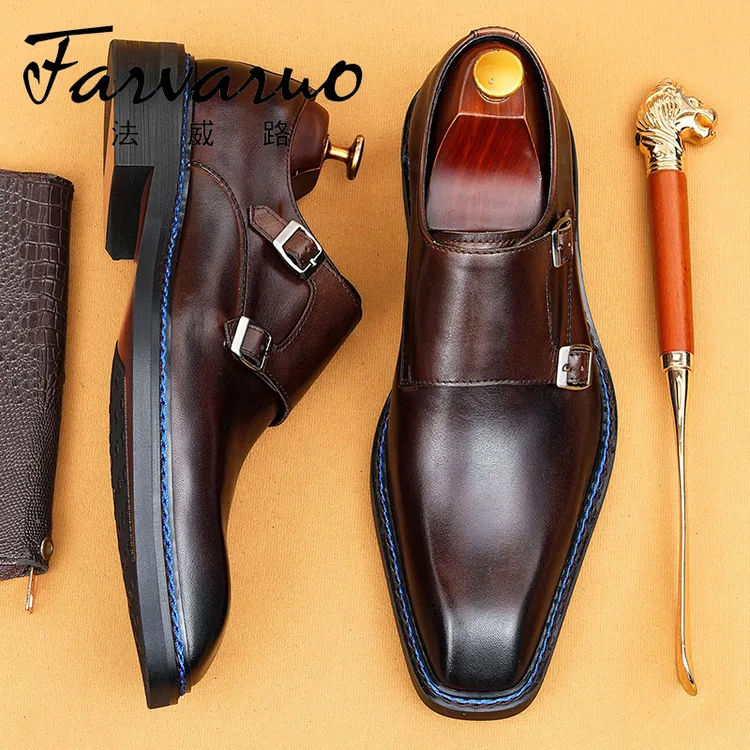 商务正装皮鞋男款2025新款真皮英伦复古挪威缝方头搭扣僧侣孟克鞋