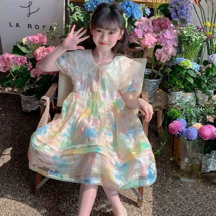 女童连衣裙夏装2025新款儿童碎花裙夏季娃娃领裙子女孩网纱公主裙