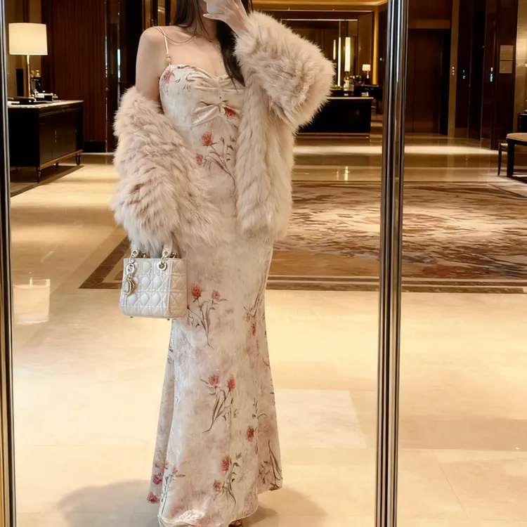 【满庭芳】轻中式丝绒小众设计感吊带裙早秋修身显瘦印花包臀连衣裙