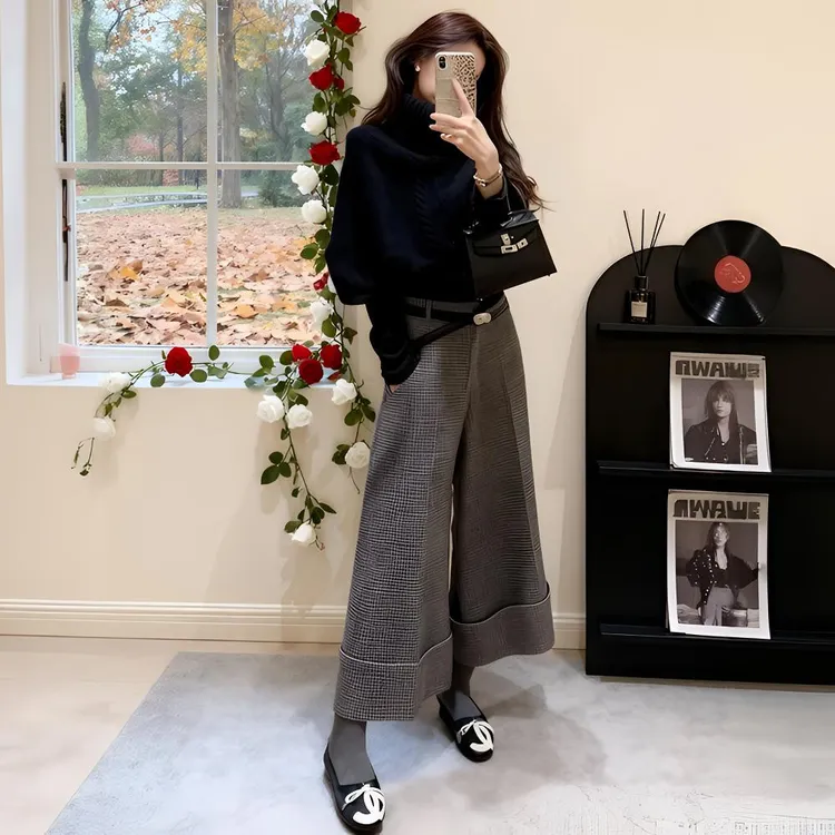 2025秋冬新款长袖打底衫叠穿高领针织上衣高腰阔腿裤复古百搭