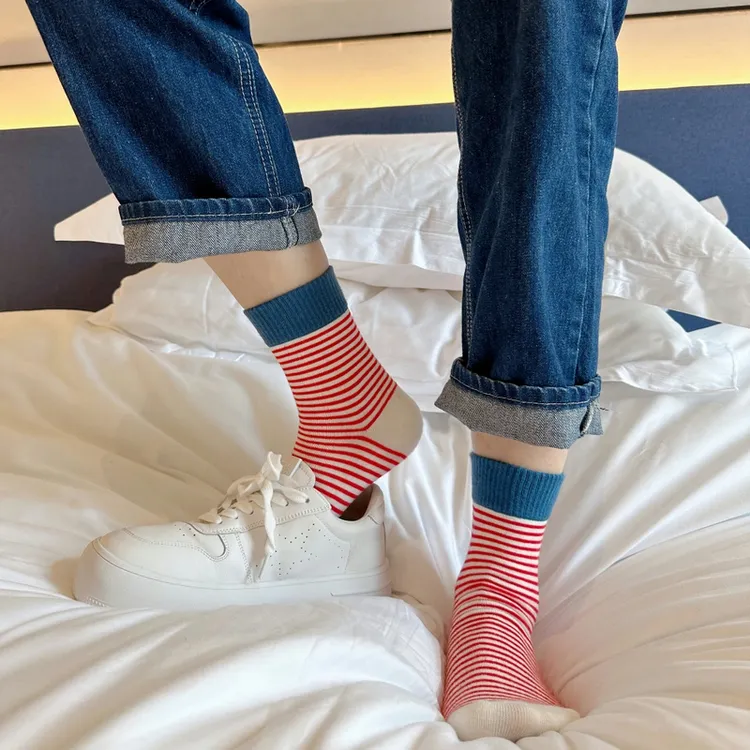 撞色罗口条纹袜春夏季堆堆袜休闲中筒袜女袜子显瘦百搭减龄