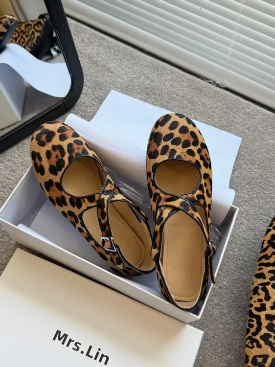 【马毛版跟高2cm】交叉绑带豹纹玛丽珍单鞋女休闲舒适芭蕾舞鞋