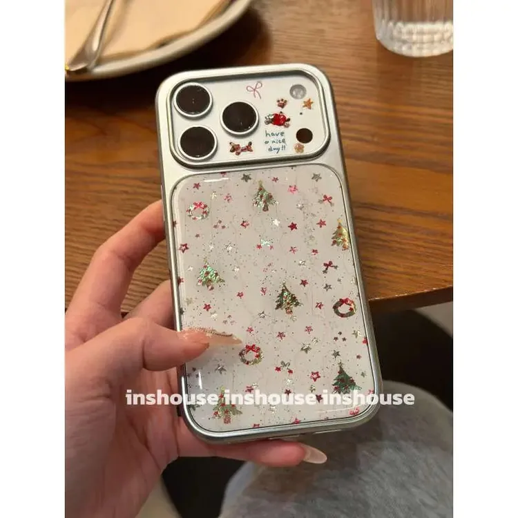 ins风闪粉星星花圈圣诞树适用于iphone17promax苹果16pro手机壳15