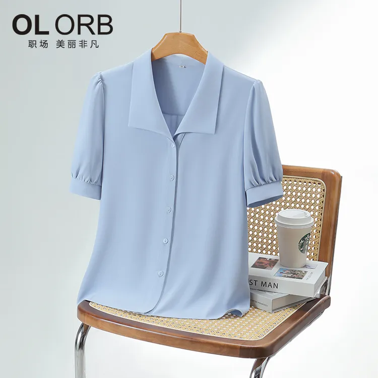 法式短袖衬衫女2025夏季新款蓝色高级感气质V领面试职业正装衬衫