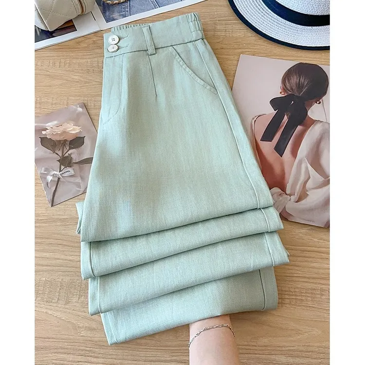 高级感浅绿色亚麻阔腿裤女夏季2025新款垂坠感天丝棉麻九分直筒裤