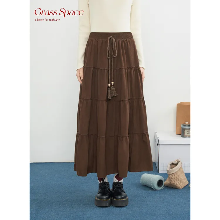 原野空间GRASS SPACE棕色蛋糕裙女冬灯芯绒复古半身裙显瘦裙子潮